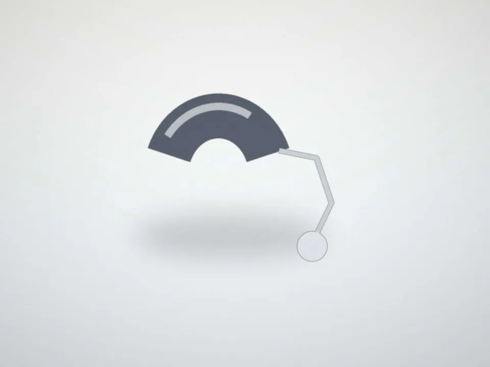 Appareil auditif à écouteur déporté gris ardoise, posé sur un présentoir clair (modèle d'exemple, sans marque)