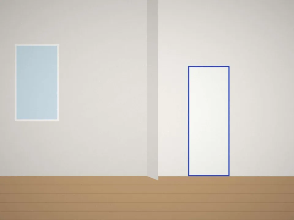Le même séjour divisé par une cloison avec porte, après travaux