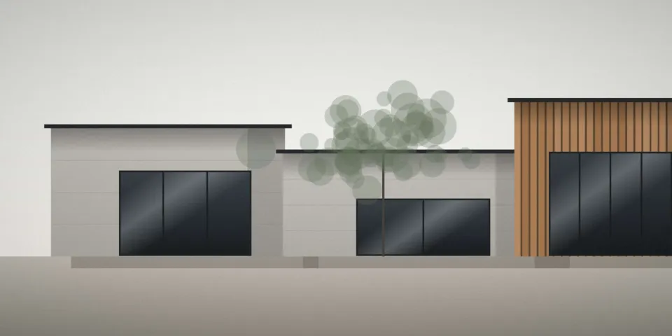 Façade de maison contemporaine en bois, vue frontale