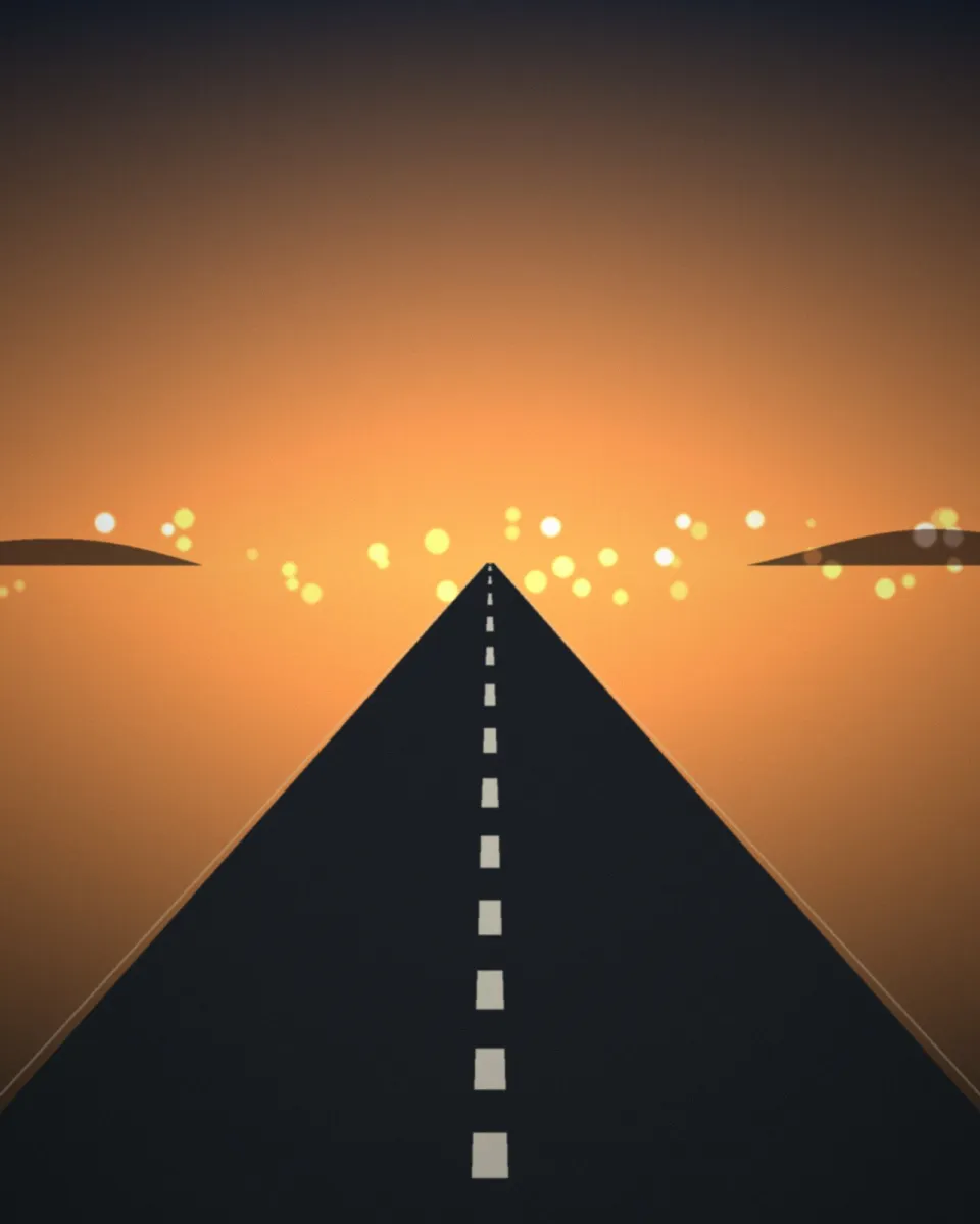 Route droite au coucher du soleil, lumières au loin