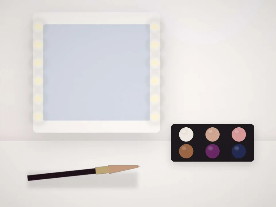 Miroir, palette et pinceau prêts pour un cours d'auto-maquillage