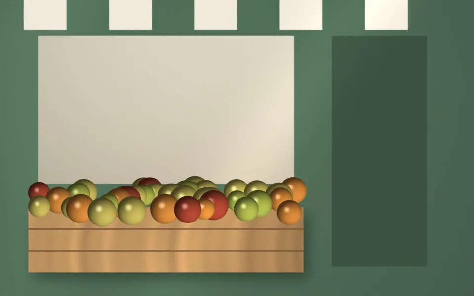 La devanture de l’épicerie un matin d’automne, étal sorti