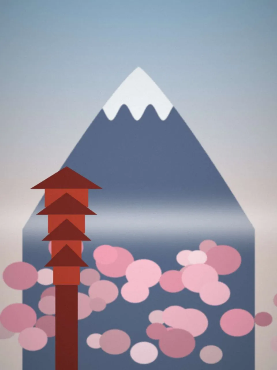 Pagode rouge au pied d'une montagne enneigée au printemps