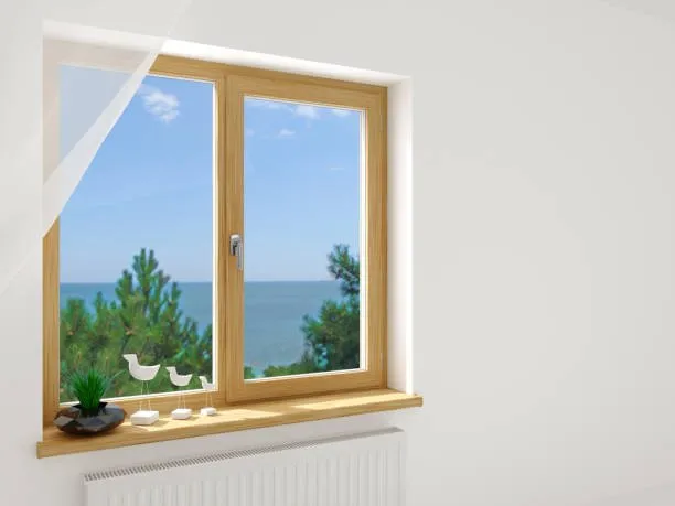 Fenêtre en chêne à deux vantaux, vue depuis l'intérieur