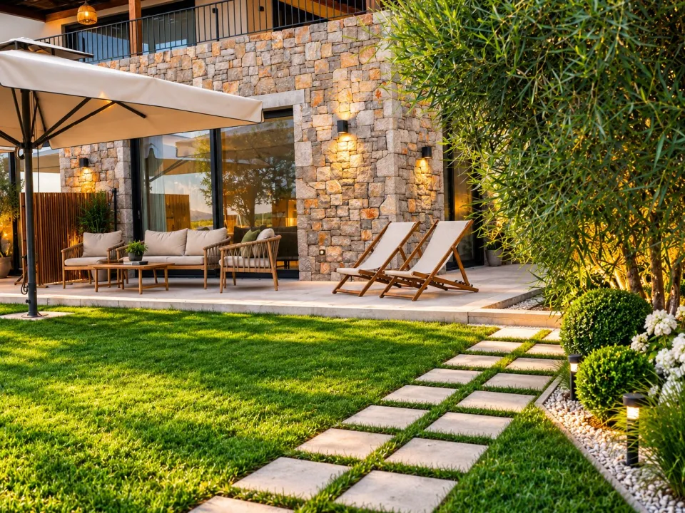Nouvelle terrasse en dalles claires avec salon de jardin
