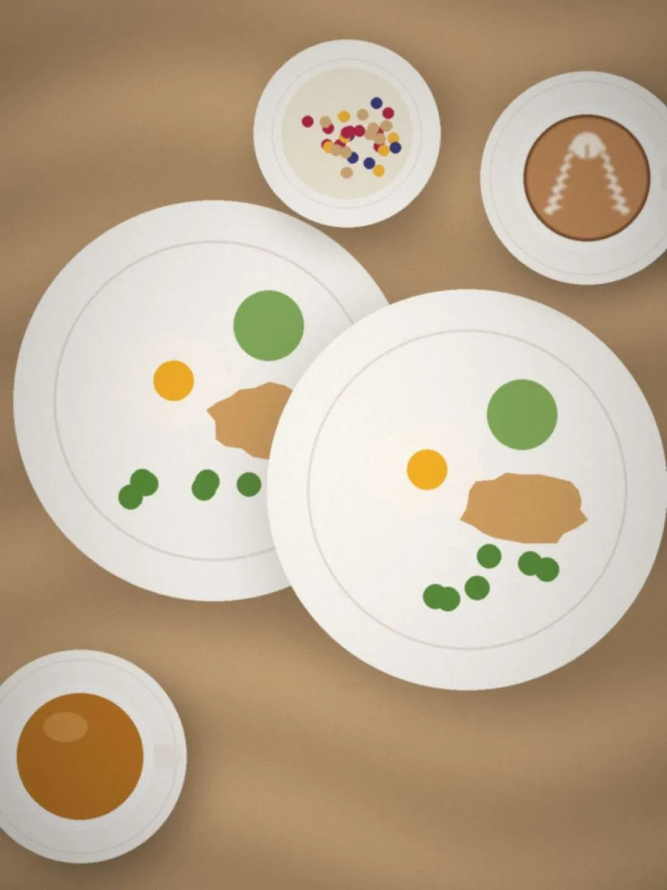 Deux assiettes de brunch et des tasses sur une table en bois