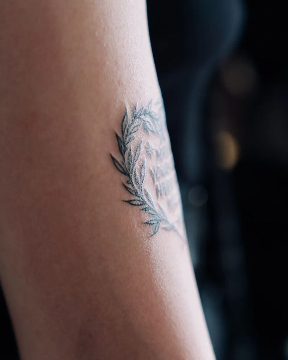 Tatouage fine line « Couronne de points » sur avant-bras, réalisé par Lou