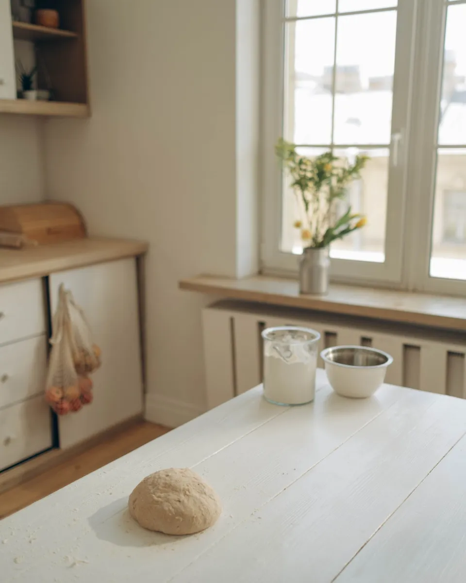 Le levain naturel dans son bocal, sur le plan de travail fariné