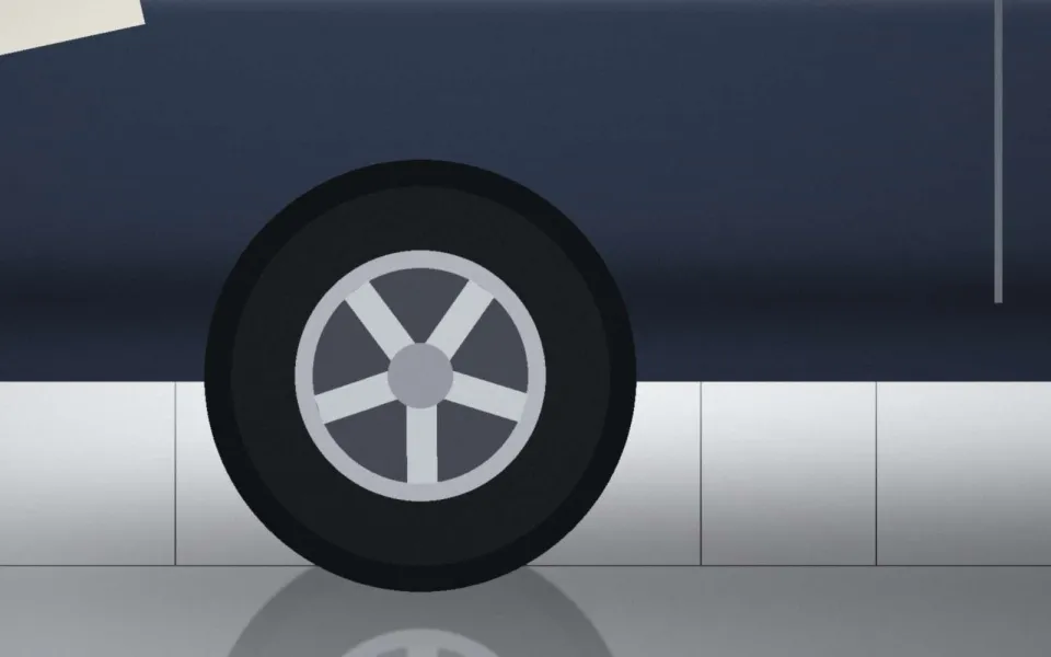 Détail de la jante et de la carrosserie de la Selvane