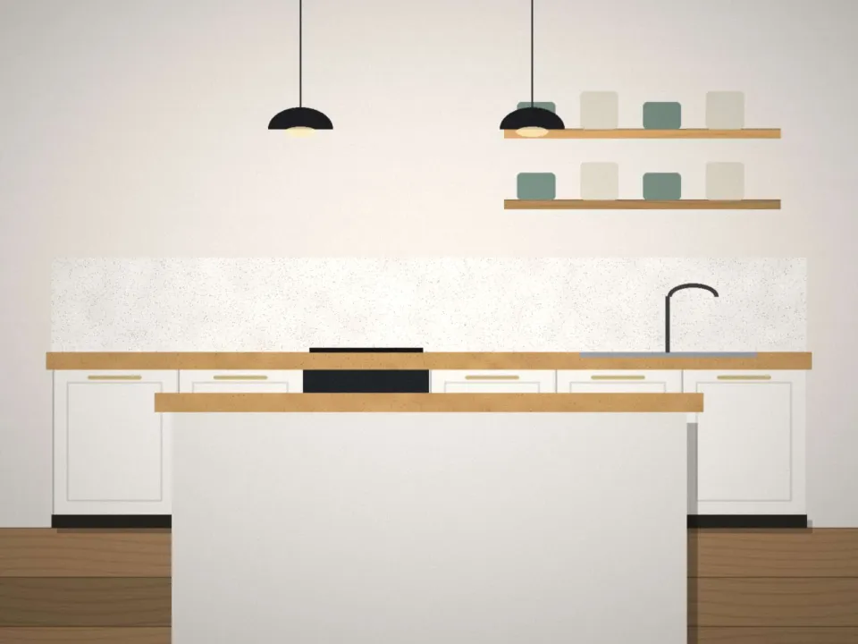 Cuisine blanche avec plan en bois massif et îlot