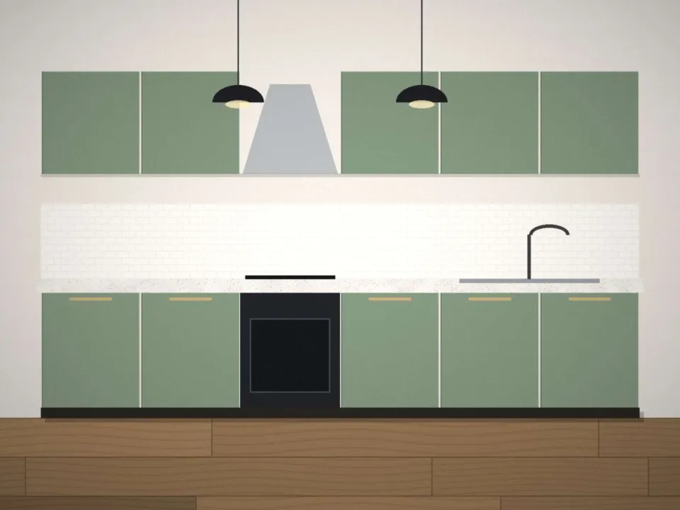 Petite cuisine vert sauge avec meubles hauts jusqu'au plafond