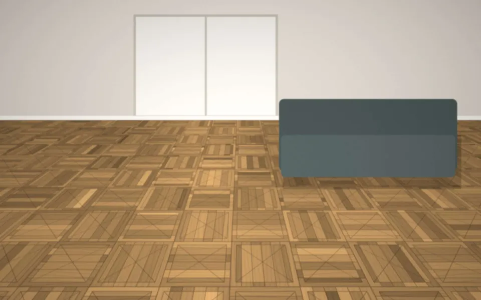 Salon avec parquet en panneaux type Versailles rénové