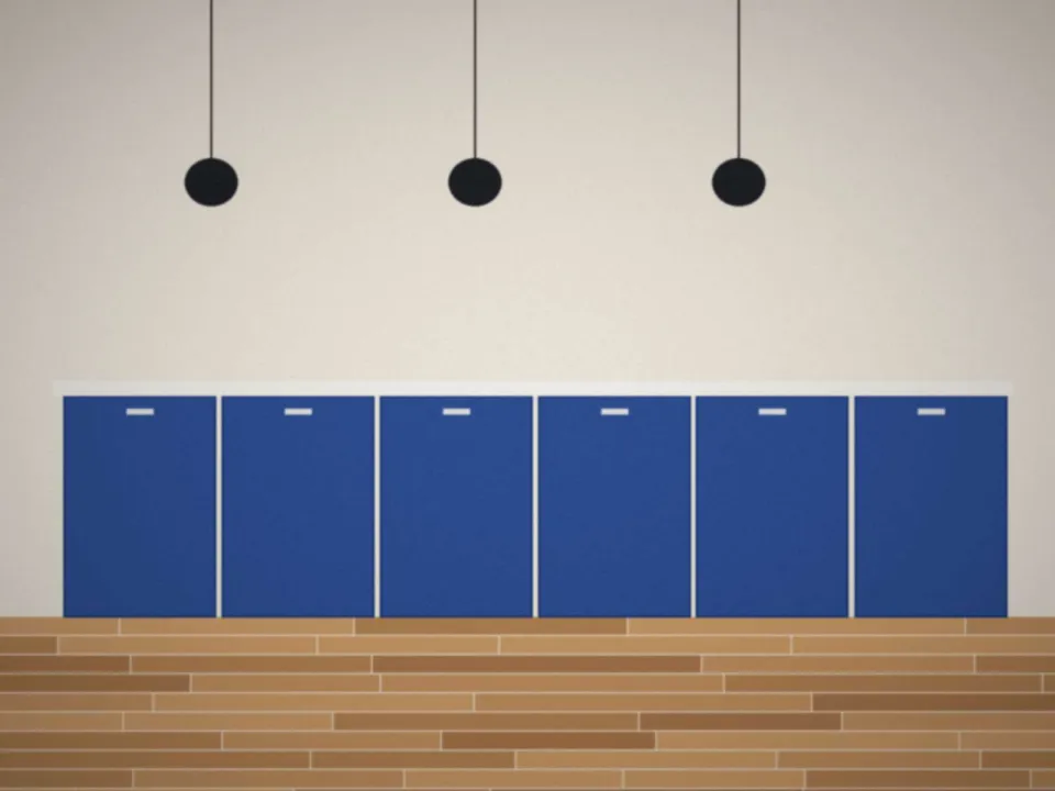 Cuisine rénovée avec façades bleues et suspensions