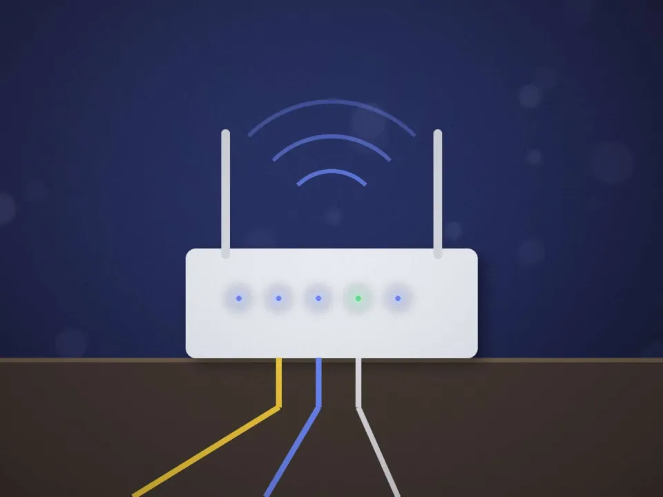 Box internet et câbles réseau branchés, voyants allumés